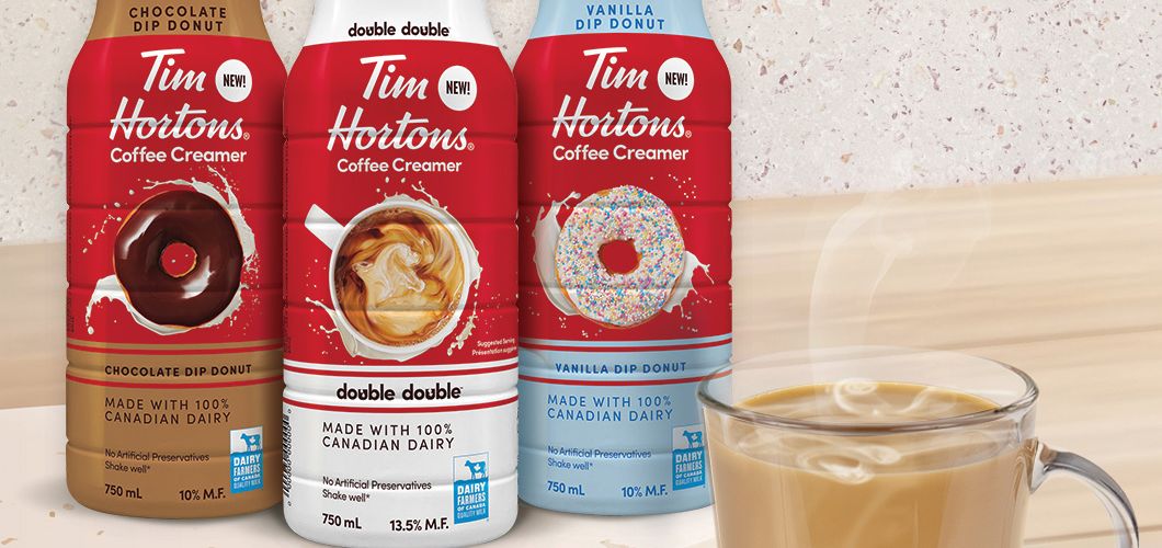 NEW Tim Hortons Coffee Creamers now available at grocery stores across Canada in three signature flavours: Double Double, Vanilla Dip Donut and Chocolate Dip Donut