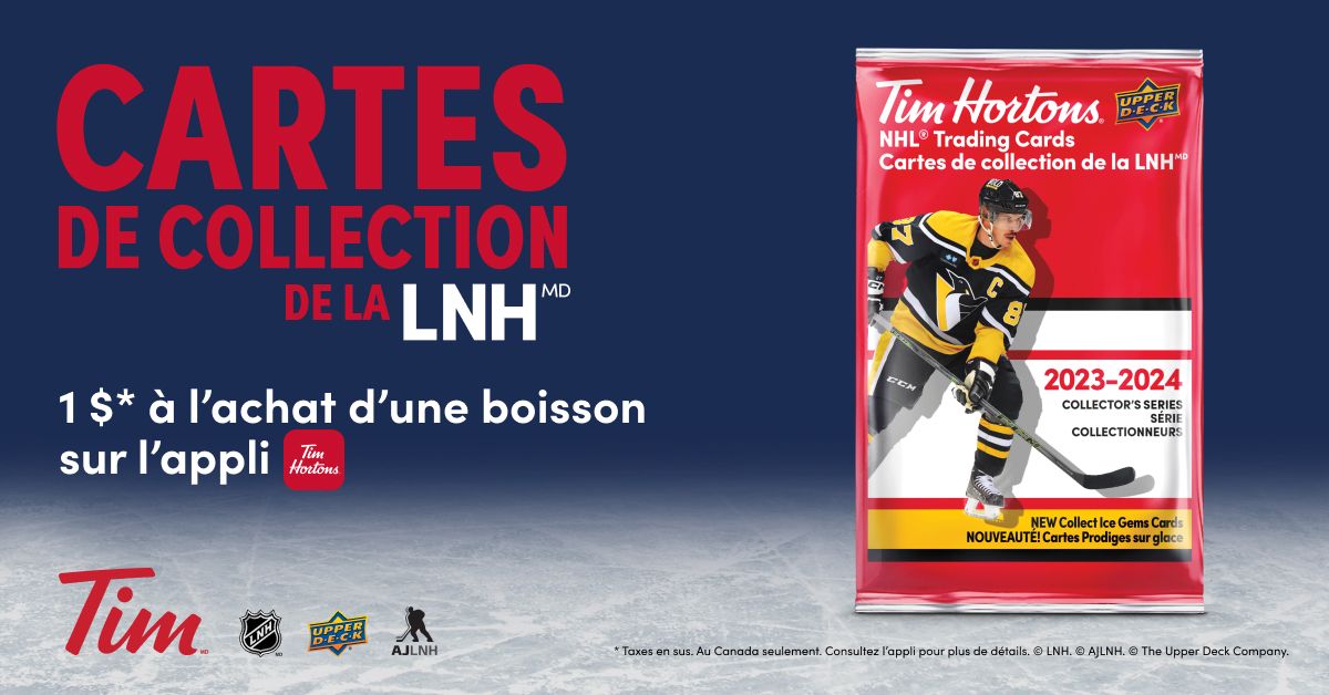 Célébrez la saison 2023-2024 de la LNH avec le retour des  cartes de collection de la LNH, des soirées d’échange de cartes dans les restaurants Tim  et du Défi de hockey de la LNH de Tim Hortons!